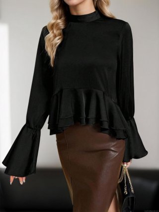 Elegant 100% Polyester Satin Blouse for Women Ruffle Hem Flare Bell Sleeve Bow Tie Mock Neck Top Casual Office Party Wear Elegant 100% Polyester Satin Blouse for Women Ruffle Hem Flare Bell Sleeve Bow Tie Mock Neck Top Casual Office Party Wear