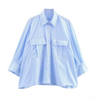 Blue White Striped Long Sleeve Satin Shirt Women Oversized Loose Fit Office Blouse With Dual Pockets Single Breasted Casual Spring Fashion Top Blue White Striped Long Sleeve Satin Shirt Women Oversized Loose Fit Office Blouse With Dual Pockets Single Breasted Casual Spring Fashion Top