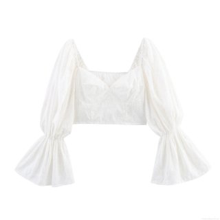 Women's French Retro Square Neck Flare Sleeve Crop Top Elegant White Jacquard Embroidery Puff Sleeve Blouse Sexy Short Long Sleeve Top For Ladies Women's French Retro Square Neck Flare Sleeve Crop Top Elegant White Jacquard Embroidery Puff Sleeve Blouse Sexy Short Long Sleeve Top For Ladies
