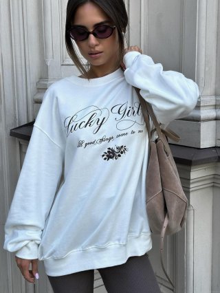 Lucky Girl Letter Printed White Sweatshirt Cotton Round Neck Long Sleeve Pullover American Streetwear Loose Fit Casual Autumn Top For Women Lucky Girl Letter Printed White Sweatshirt Cotton Round Neck Long Sleeve Pullover American Streetwear Loose Fit Casual Autumn Top For Women